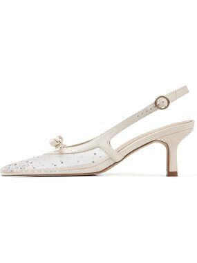 Women Beige Mesh Bow Ankle Strap Pointed Toe Slingback Buckle Kitten Heels